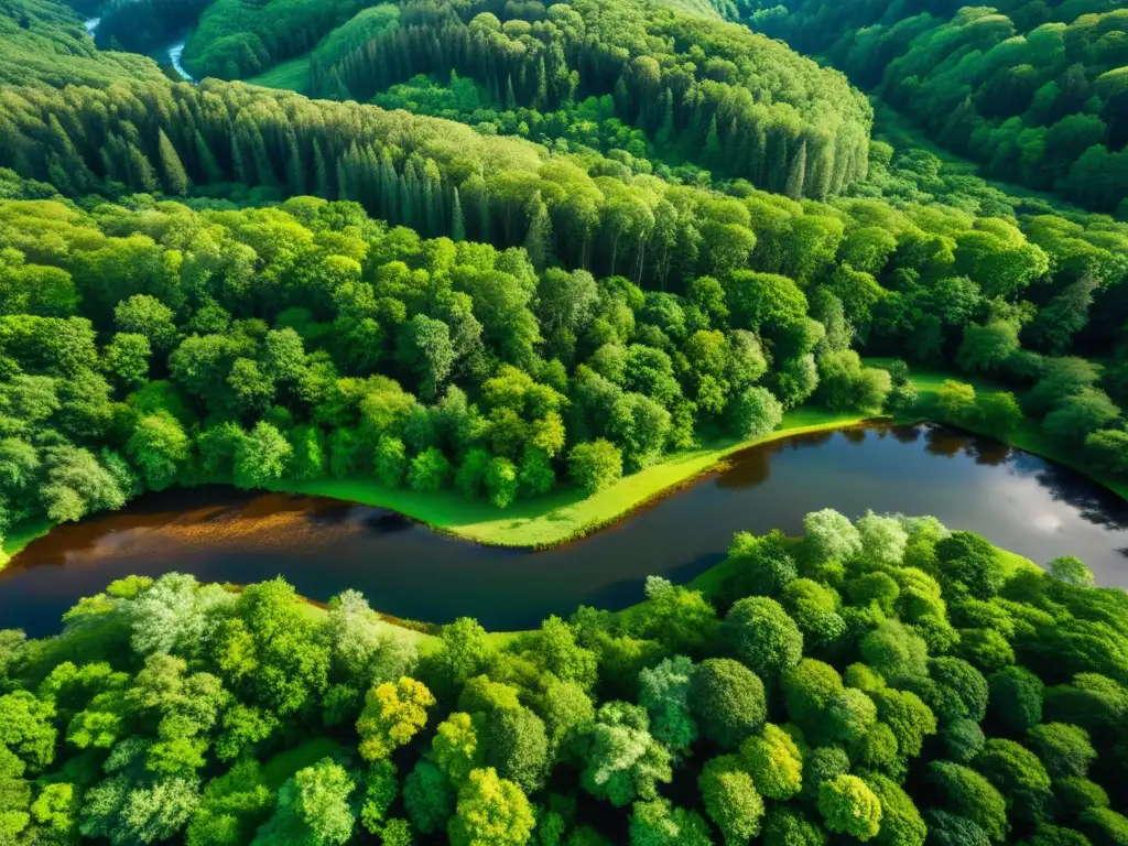 Vista aérea de un exuberante bosque verde con luz solar filtrándose entre las hojas, creando un patrón moteado en el suelo del bosque