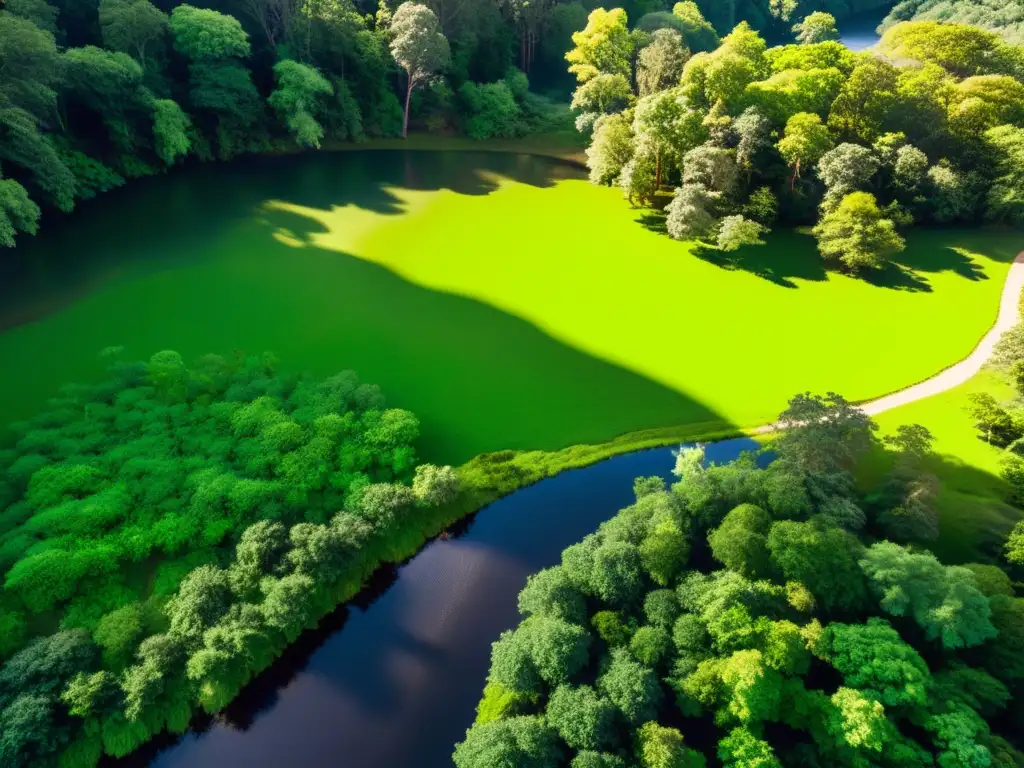 Vista aérea de un exuberante bosque verde con luz solar filtrándose a través del dosel denso, proyectando sombras moteadas en el suelo del bosque