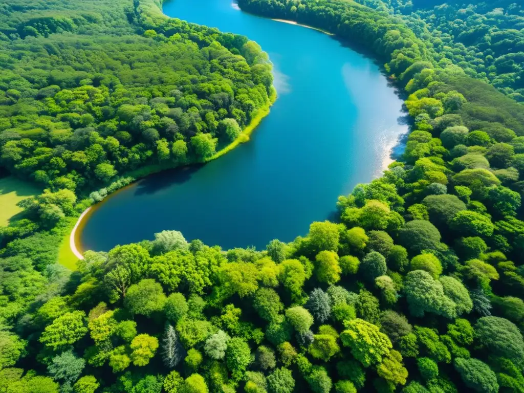 Vista aérea de un exuberante bosque verde con cielos azules, río serpenteante y luz solar filtrándose