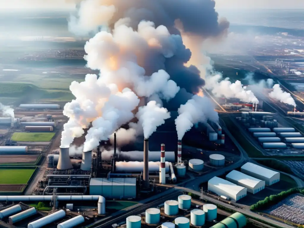 Contaminación industrial: fábricas emitiendo humo en zona urbana Vista aérea de fábricas modernas emitiendo contaminación atmosférica en un entorno industrial denso