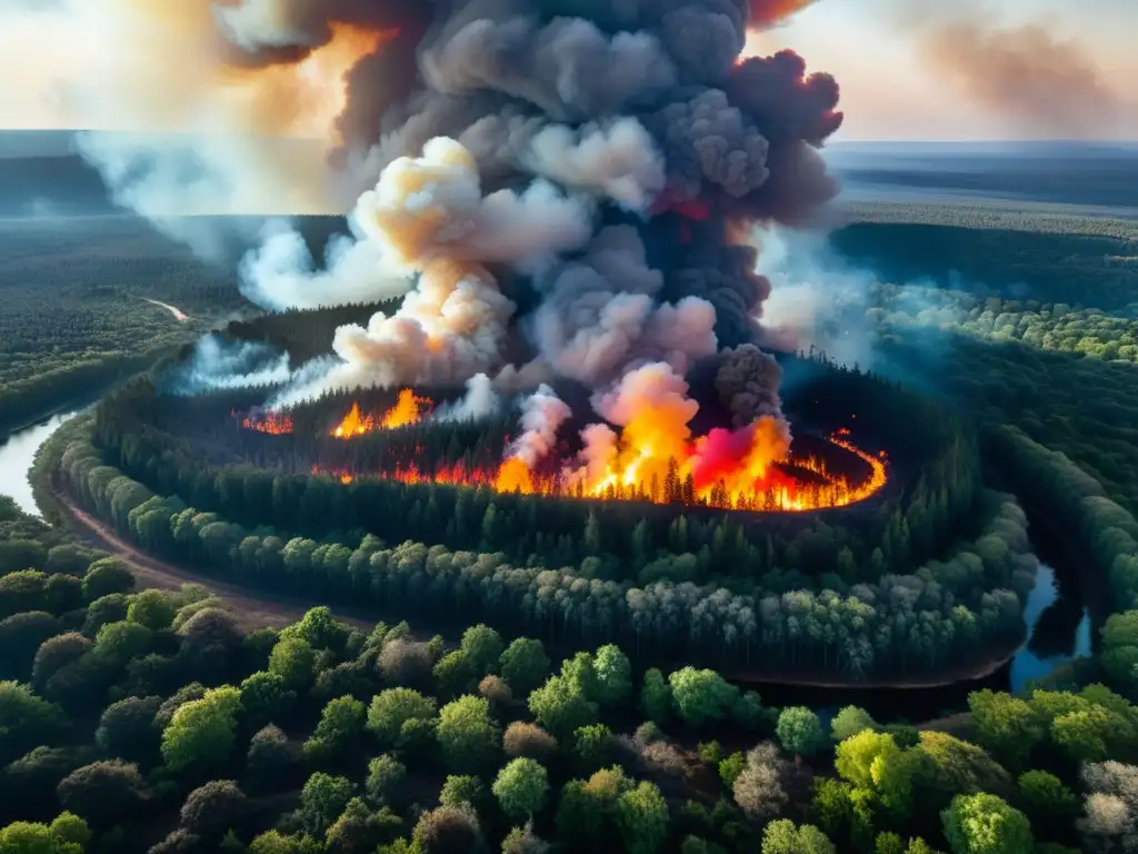 Vista aérea impactante de un bosque en llamas con humo denso