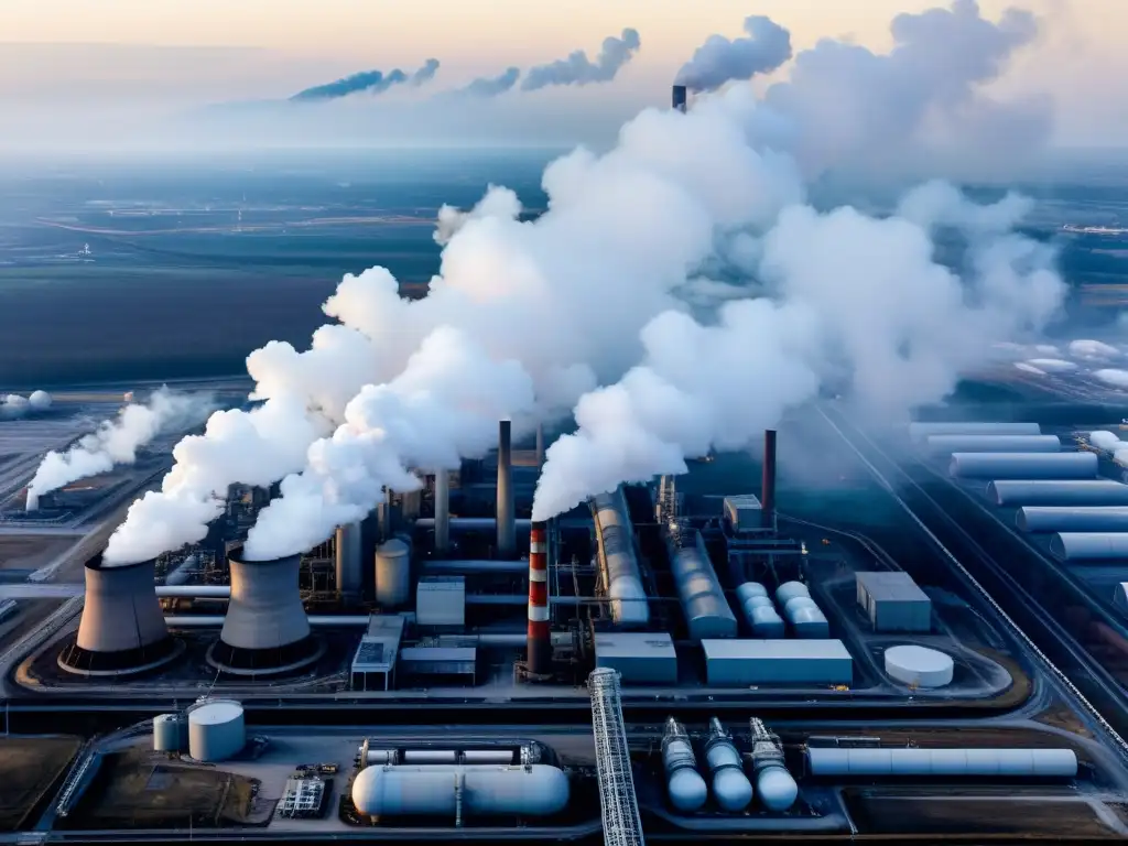 Vista aérea impactante de una planta industrial con chimeneas humeantes, rodeada de una capa de contaminación