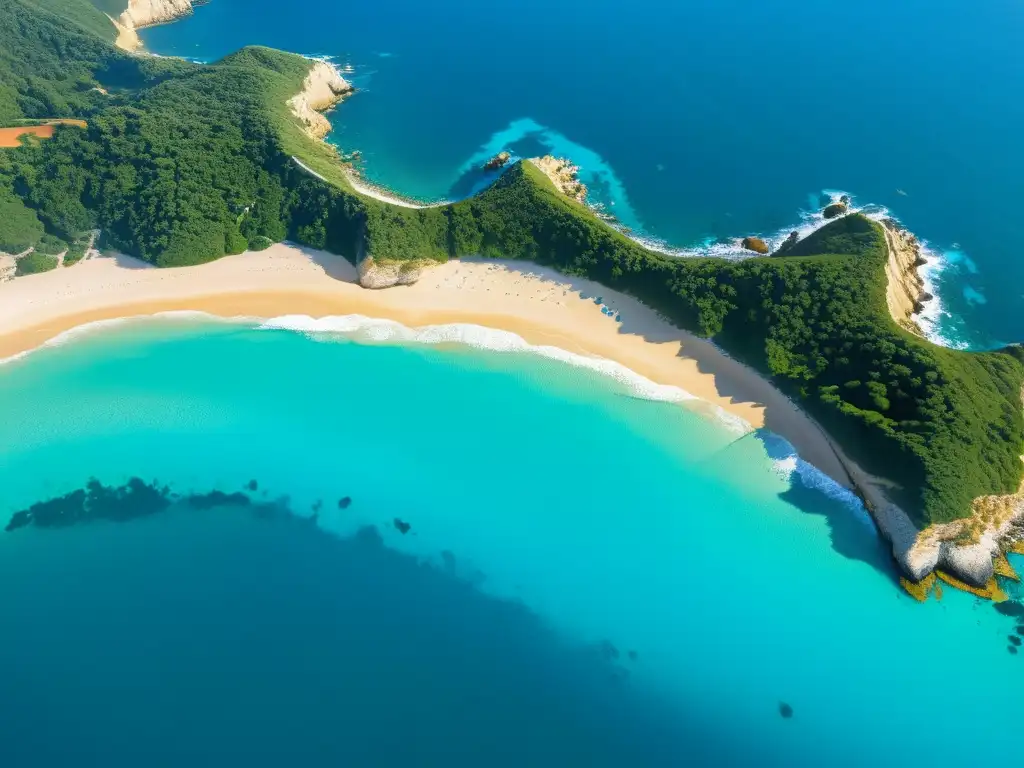 Vista aérea impresionante de la costa de un balneario con playas doradas, aguas azules y exuberante vegetación