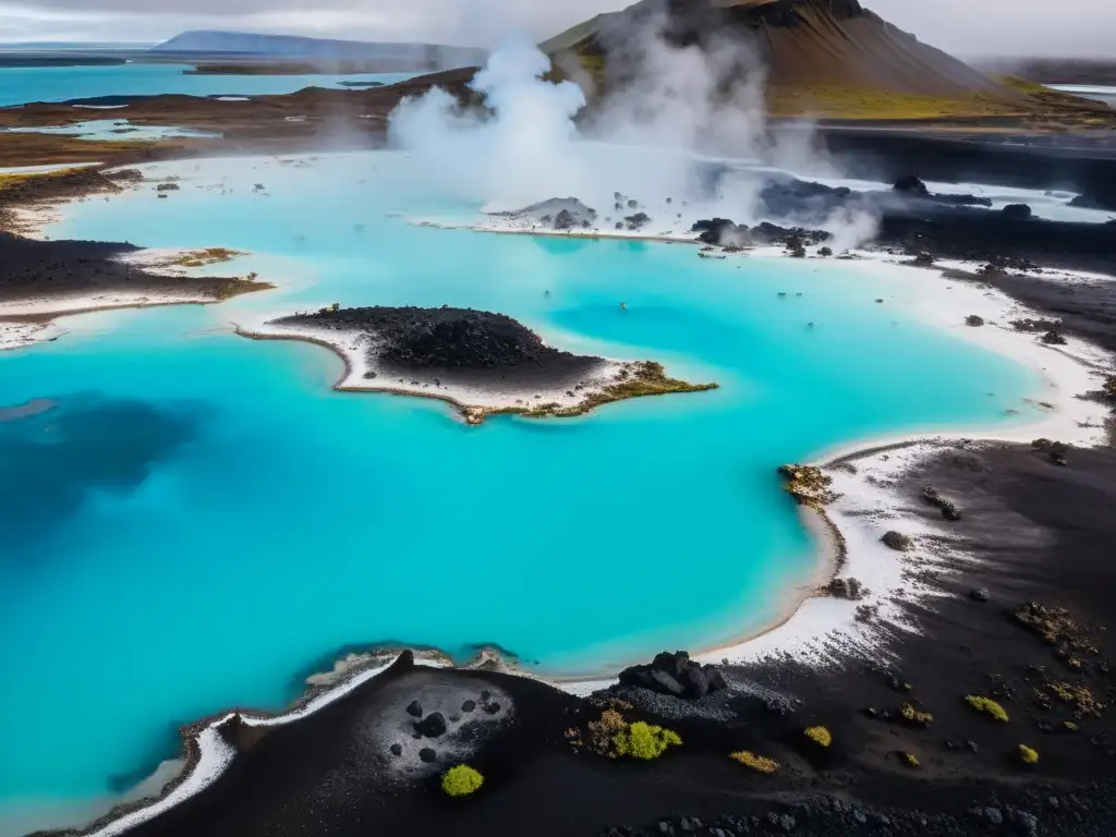 Vista aérea de la impresionante Laguna Azul en Islandia, con sus aguas termales lechosas rodeadas de campos de lava negra y vapor ascendiendo