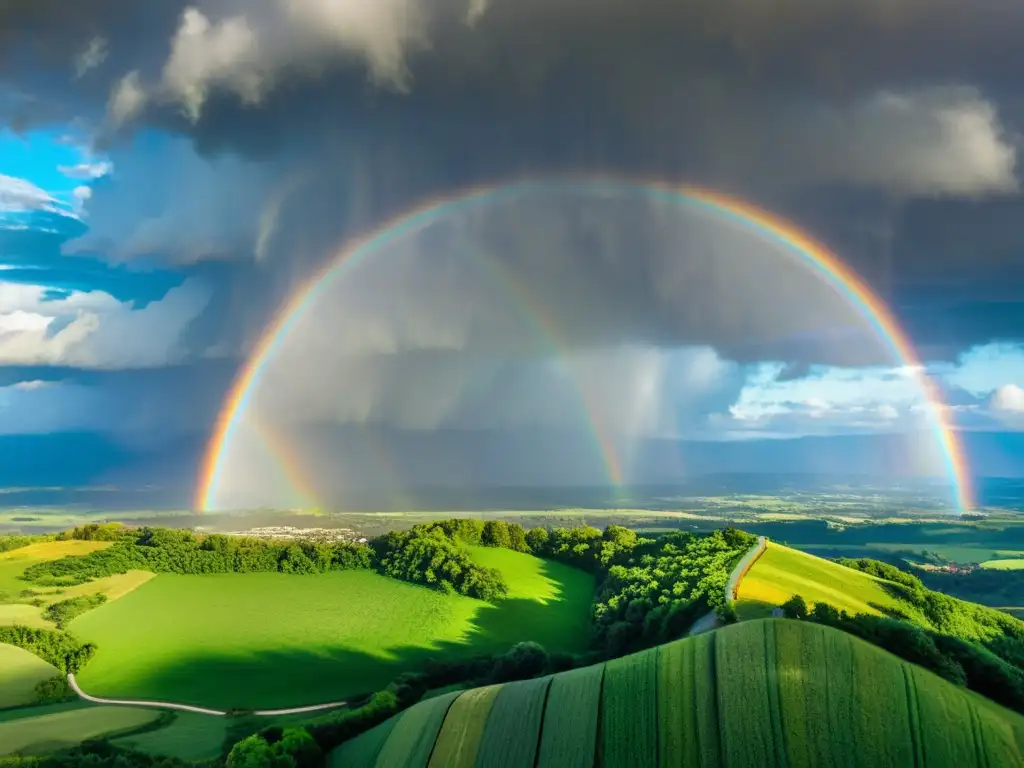 Vista aérea impresionante de un paisaje verde con un arcoíris vibrante y tormenta al fondo