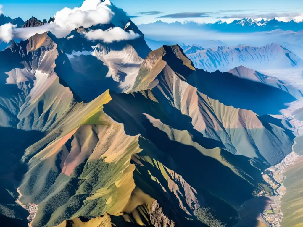 Vista aérea impresionante de los picos imponentes y valles profundos de los Andes peruanos, con nubes entre las crestas