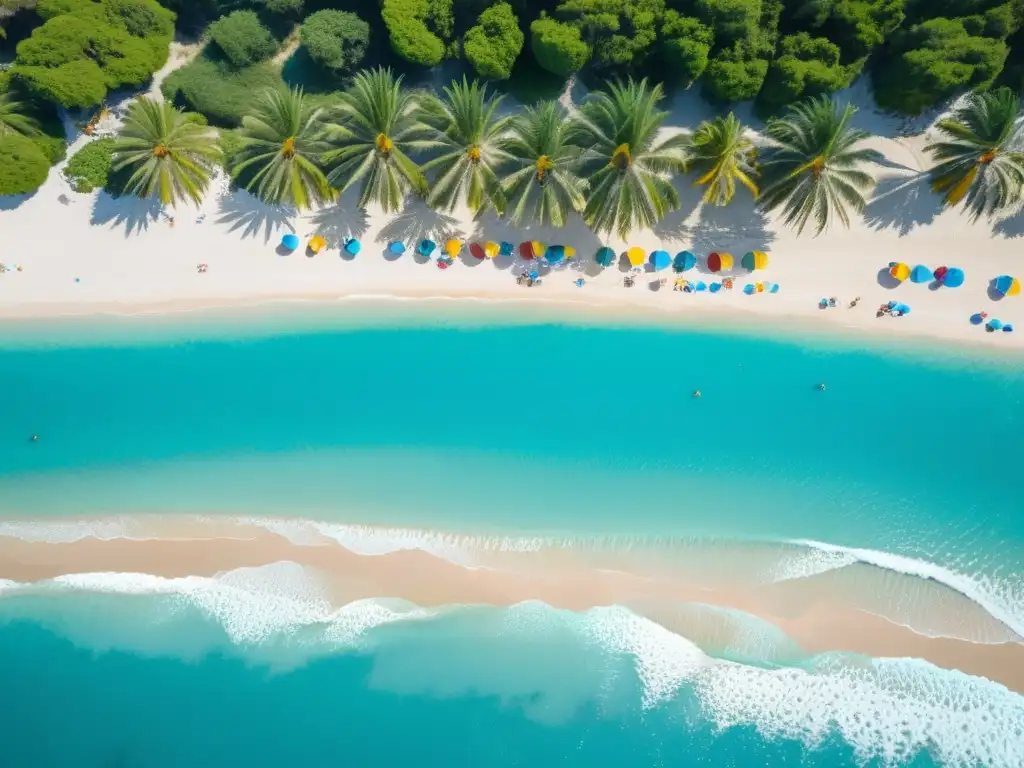 Vista aérea impresionante de una playa paradisíaca, con palmeras, aguas turquesas y cielo azul