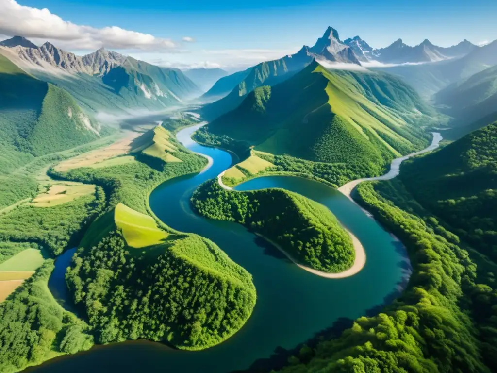 Vista aérea de un paisaje montañoso sereno con un río sinuoso, rodeado de exuberante vegetación y picos cubiertos de niebla, bajo un cielo azul claro