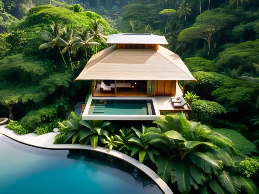 Vista aérea de un retiro de bienestar en Bali entre exuberante vegetación, con una piscina infinita que se asoma al dosel de la selva y al océano