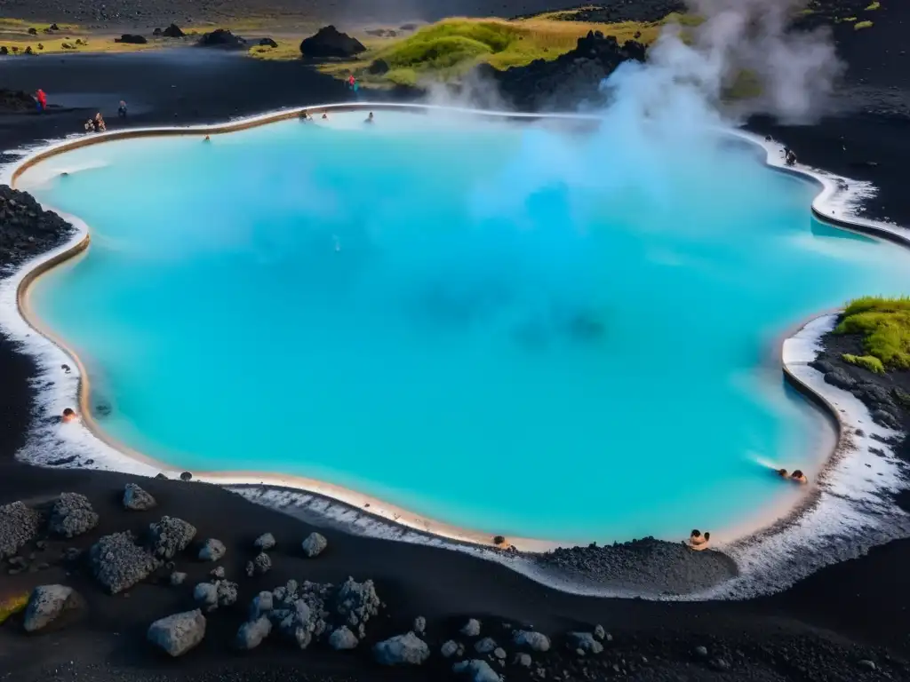 Vista aérea de la tranquila Laguna Azul en Islandia, con sus aguas azules rodeadas de rocas volcánicas negras