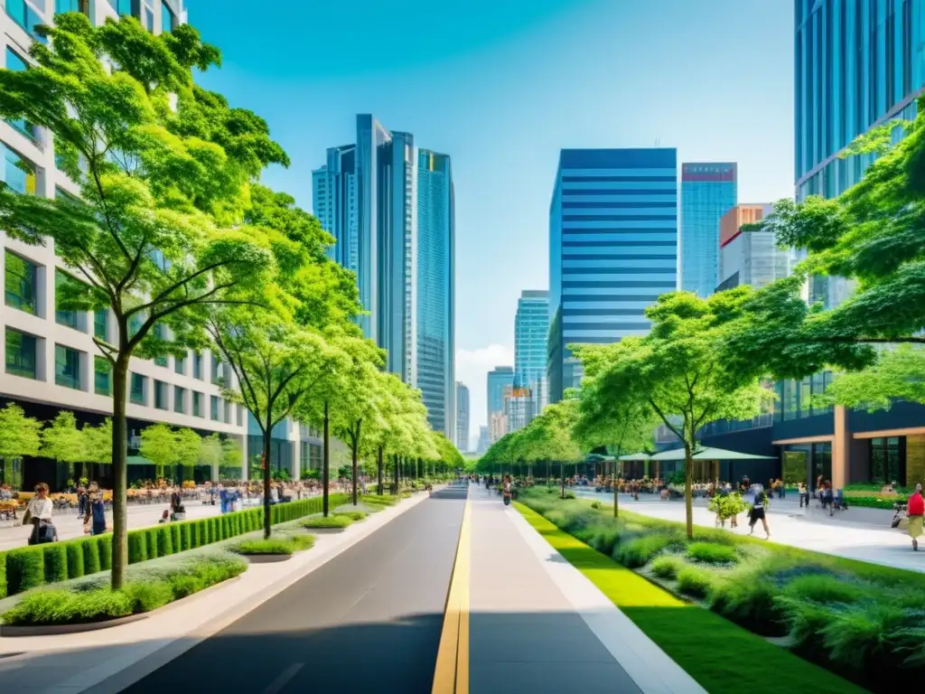 Vista de una bulliciosa calle urbana con rascacielos modernos y espacios verdes, mostrando refugios urbanos con zonas verdes