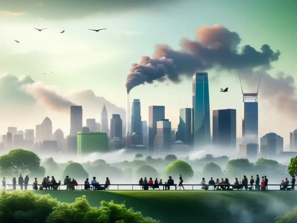 Vista de la ciudad con contaminación del aire y un parque urbano lleno de vida, ilustrando el impacto en la salud global