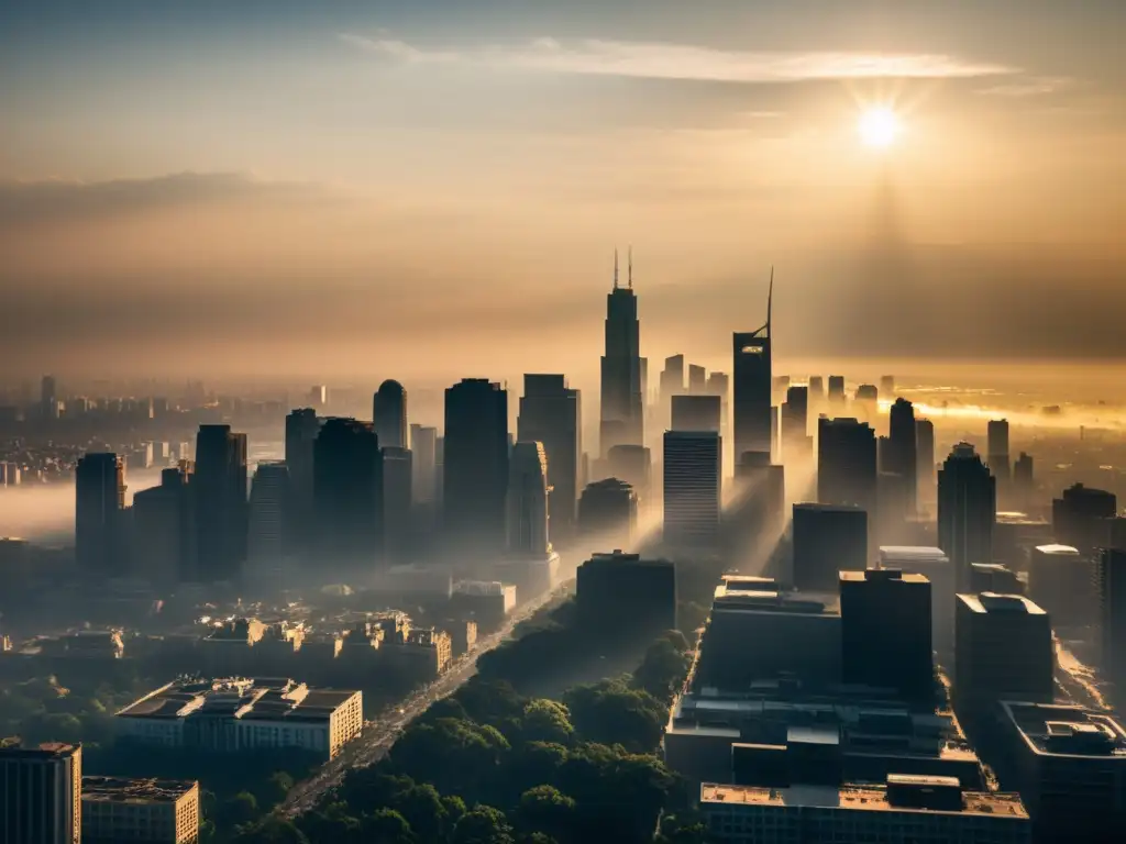 Vista de la ciudad envuelta en smog, con el sol luchando por brillar