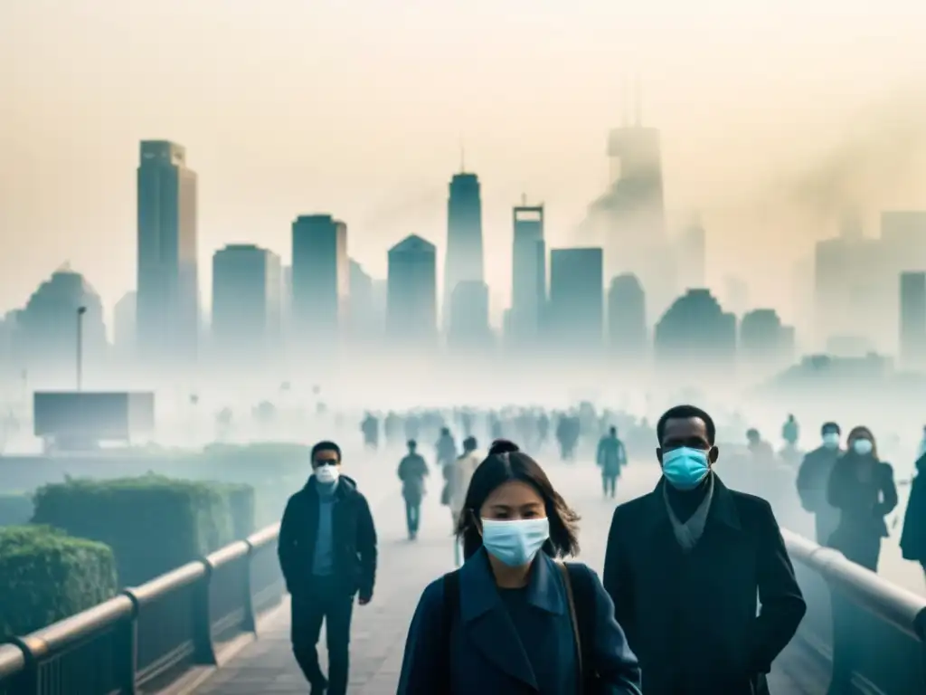 Vista de la ciudad envuelta en smog, con personas usando mascarillas debido a la contaminación ambiental