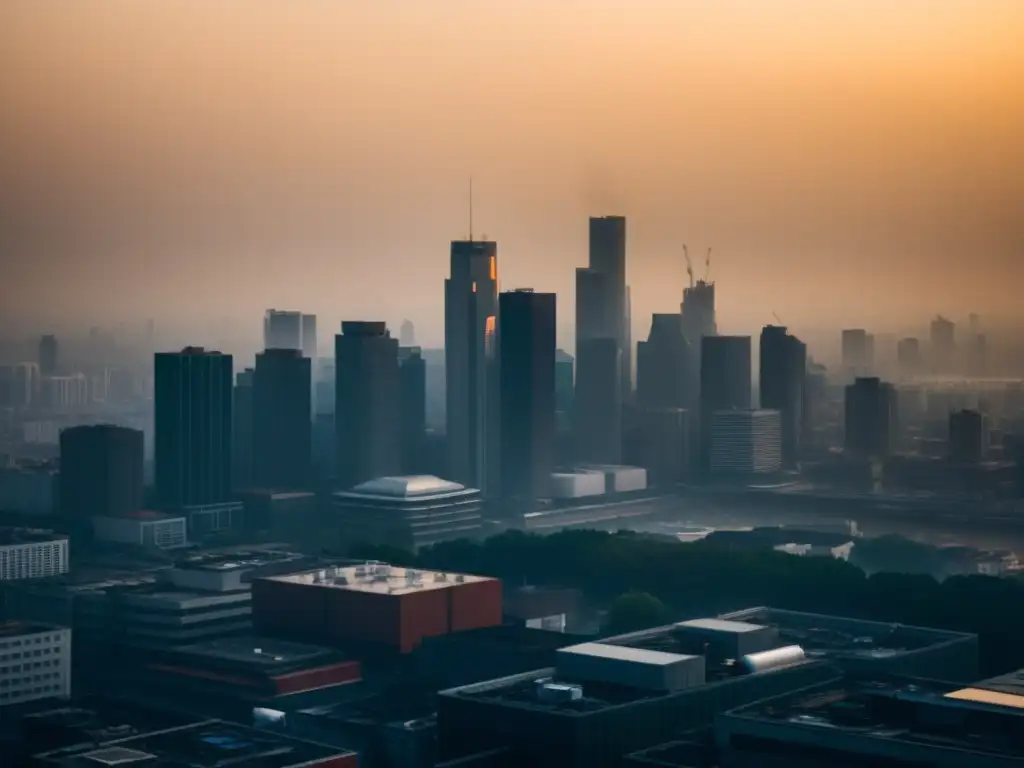 Vista de la ciudad moderna envuelta en smog, destacando la conexión entre cambios climáticos y alergias respiratorias