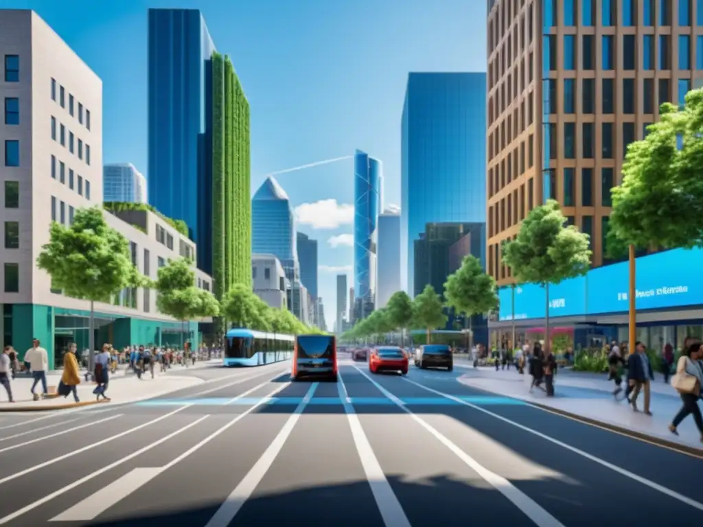 Vista de la ciudad con sensores calidad aire conectados, modernos edificios y movimiento de peatones y vehículos en calles verdes