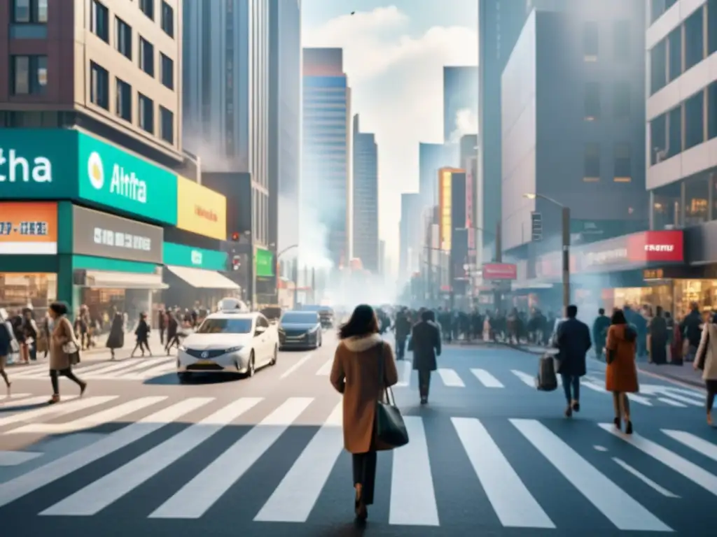 Vista de una concurrida calle de la ciudad, llena de tráfico, peatones y smog