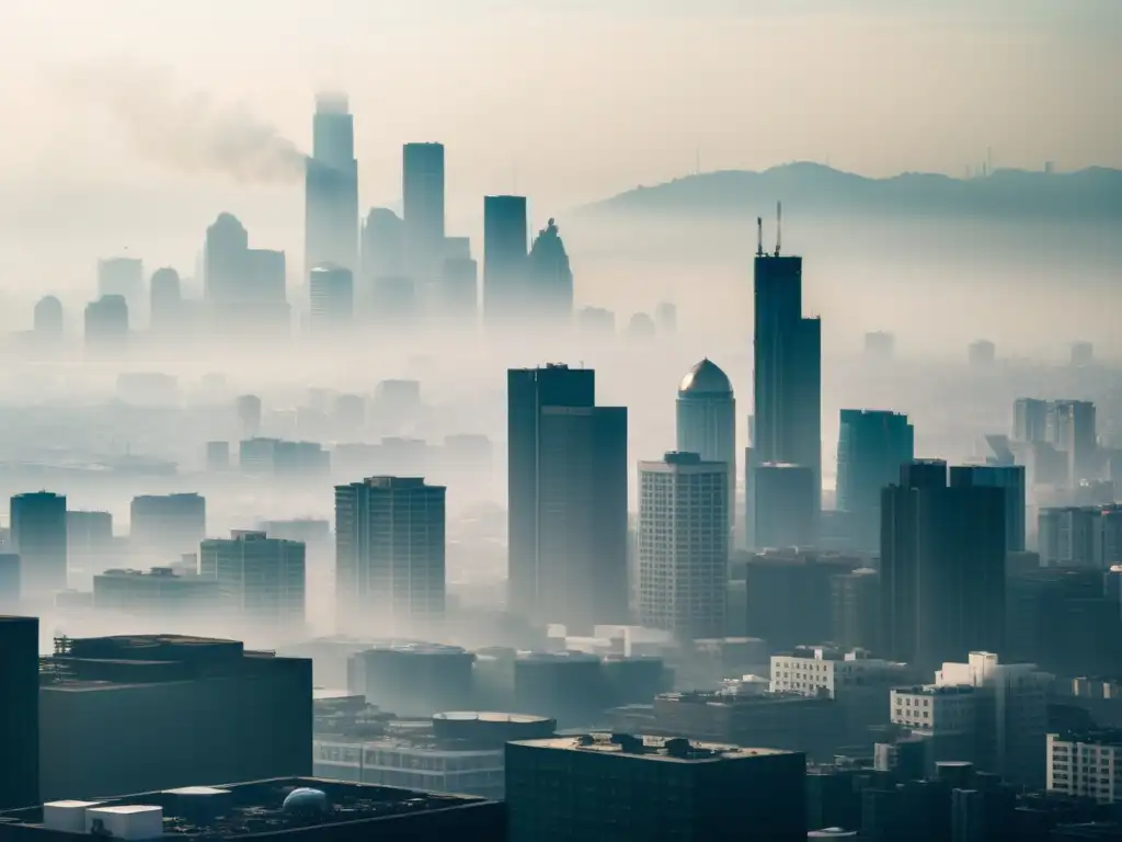 Vista de una densa área urbana con smog y bruma, mostrando el impacto del ozono en la salud respiratoria