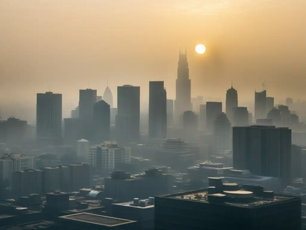 Vista detallada de una ciudad envuelta en smog, resaltando el impacto real de los contaminantes del aire