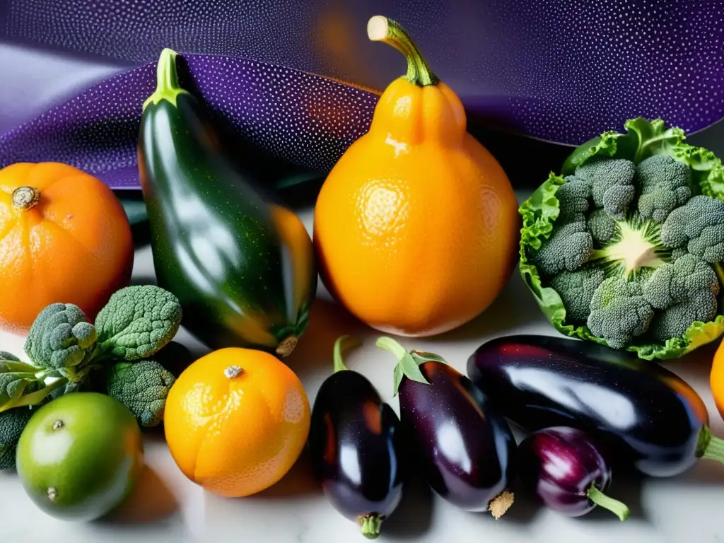 Una vista detallada y colorida de frutas y verduras frescas en una cocina moderna