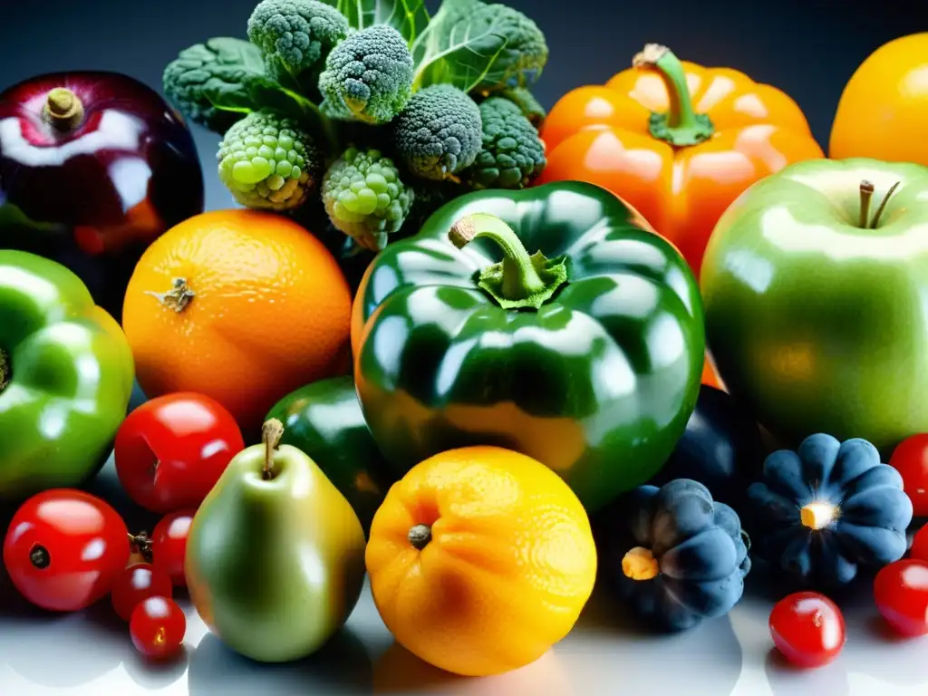 Vista detallada de frutas y verduras coloridas en una cocina moderna, resaltando alimentos antioxidantes para la función pulmonar