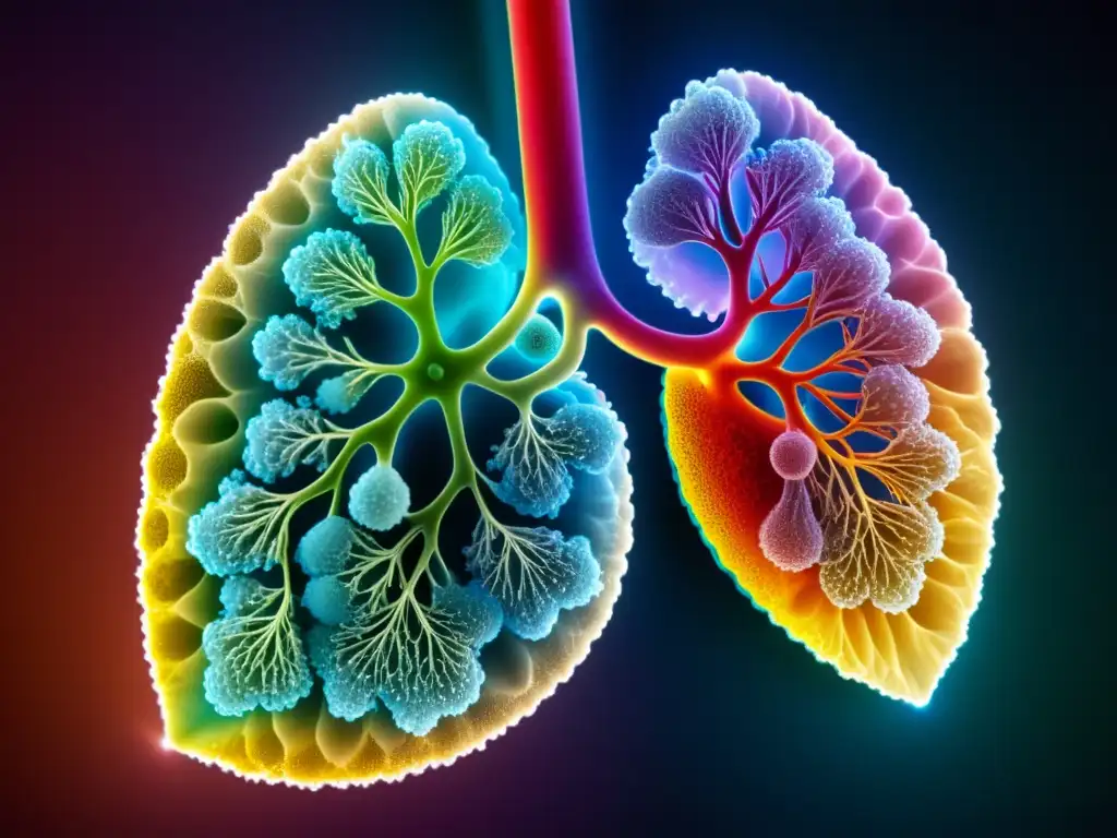 Vista detallada de terapias respiratorias con nanotecnología: nanopartículas de colores y tamaños diversos interactúan con células pulmonares, creando una imagen impactante y precisa