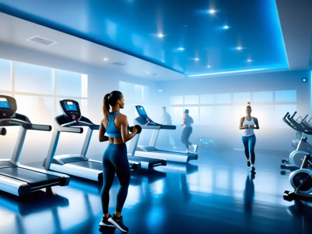 Vista futurista de gimnasio con concentradores de oxígeno, atmosfera nebulosa y personas ejercitándose