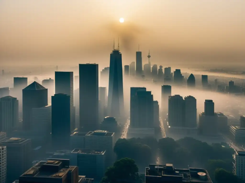 Vista impactante de una ciudad cubierta por smog, con el sol apenas visible y personas usando máscaras protectivas