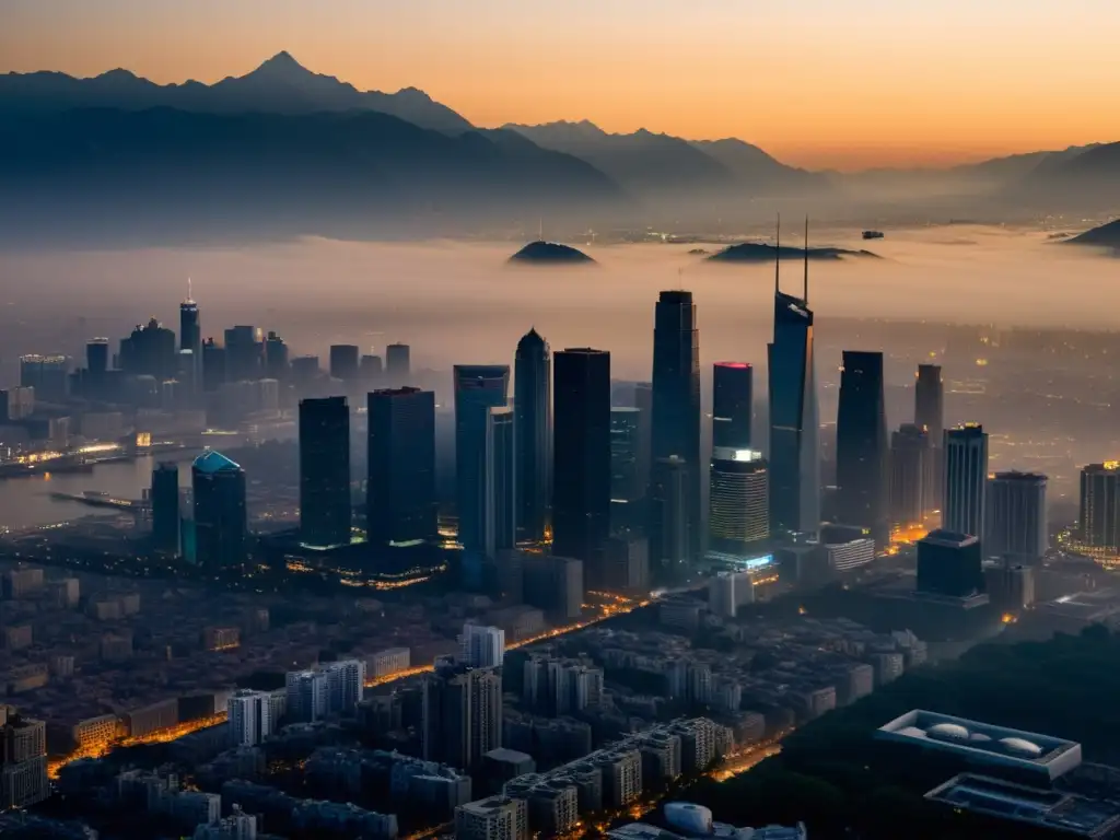 Smog urbano: la belleza inquietante de la contaminación Vista impactante de una ciudad envuelta en smog, con rascacielos emergiendo entre la neblina y montañas apenas visibles