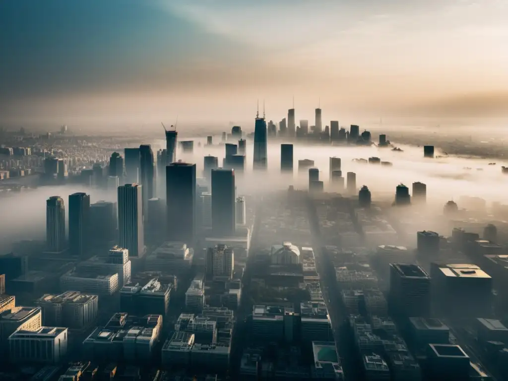 Vista impactante de la ciudad envuelta en smog denso, un recordatorio del impacto real de los contaminantes del aire en entornos urbanos