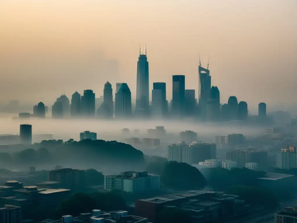 Vista impactante de la ciudad envuelta en smog, reflejando los efectos reales de los contaminantes del aire en el entorno urbano