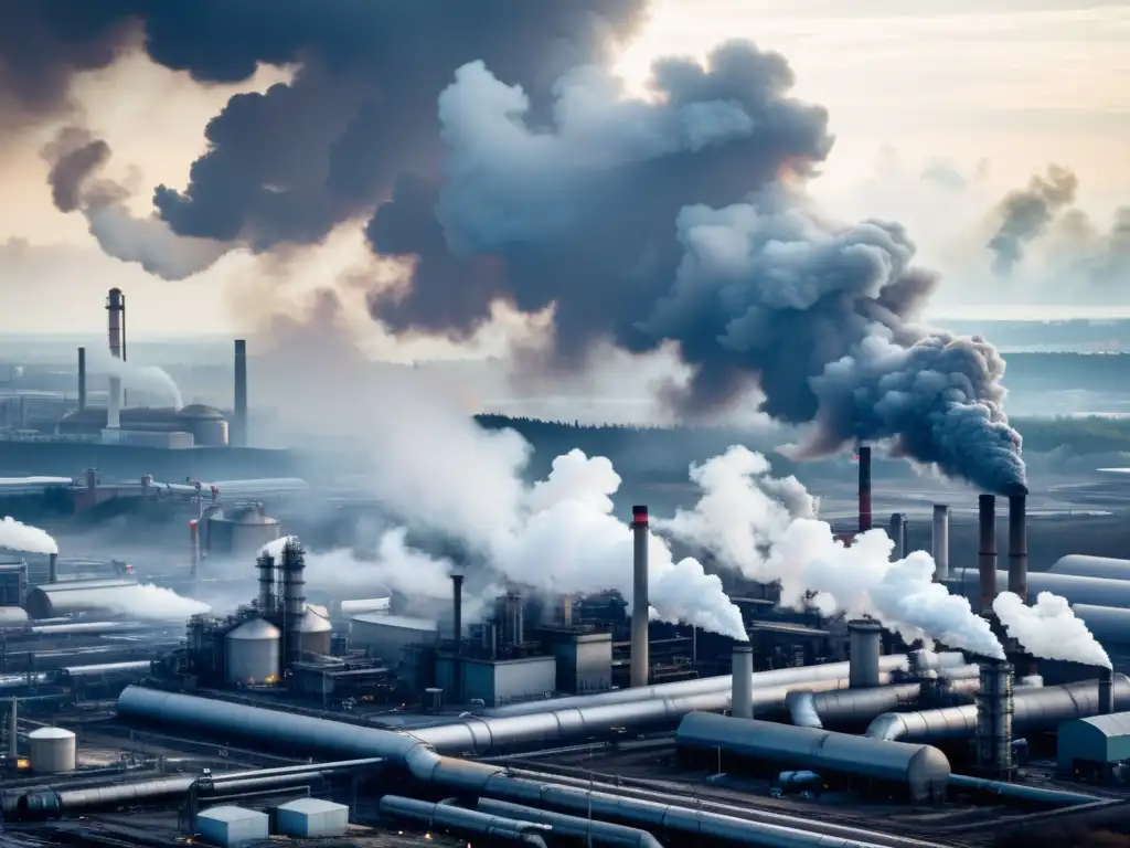 Vista impactante de zona industrial densamente poblada con fábricas emitiendo humo y vapor, destacando la influencia en la calidad del aire