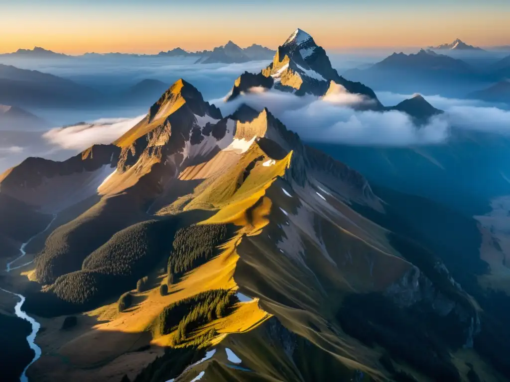 Vista impresionante de una cordillera cubierta de niebla al amanecer, con una cálida luz dorada iluminando picos y valles