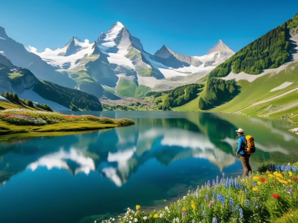 Vista impresionante de las montañas suizas con picos nevados, reflejados en un lago alpino