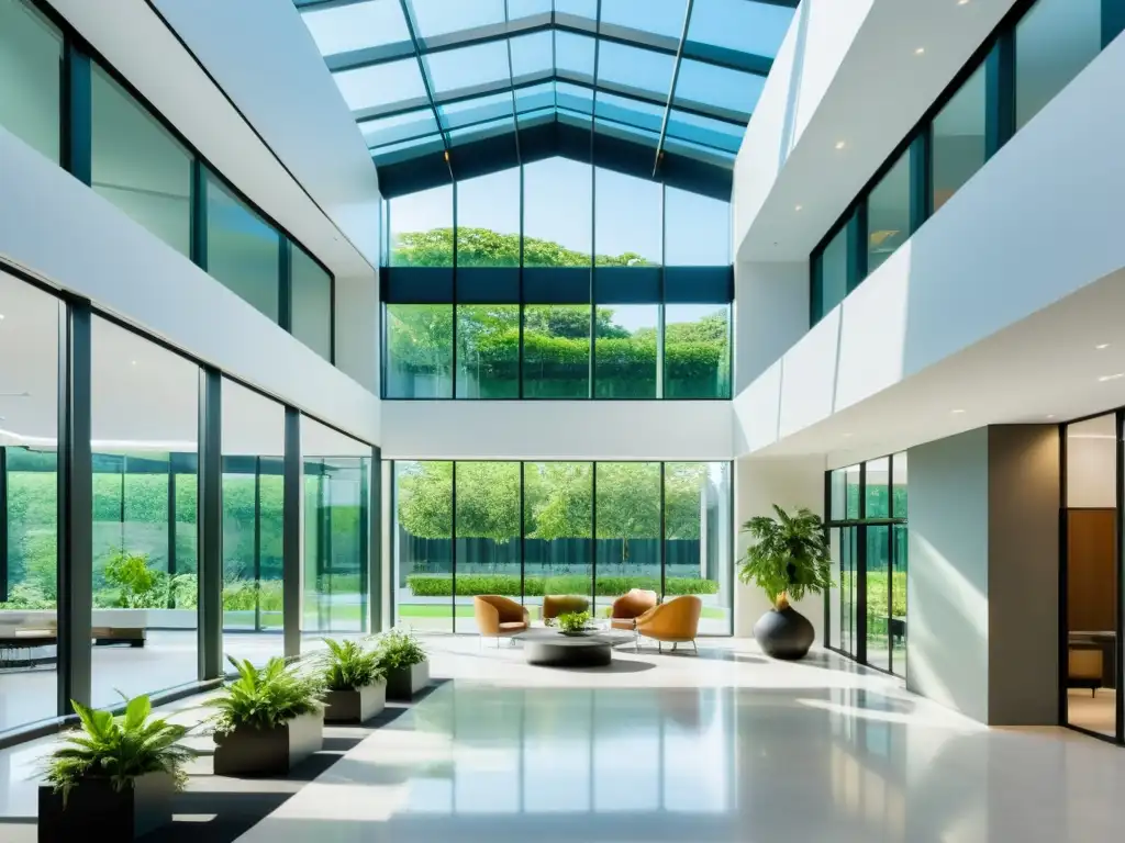 Vista de un lobby de edificio moderno con plantas y arte contemporáneo, estrategias para mejorar la calidad del aire del edificio