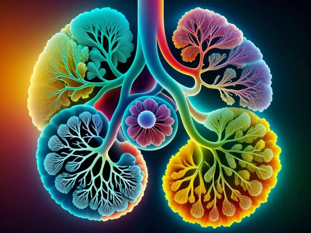 Vista microscópica detallada y colorida del sistema respiratorio humano, resaltando la complejidad de los microbiomas en la salud respiratoria