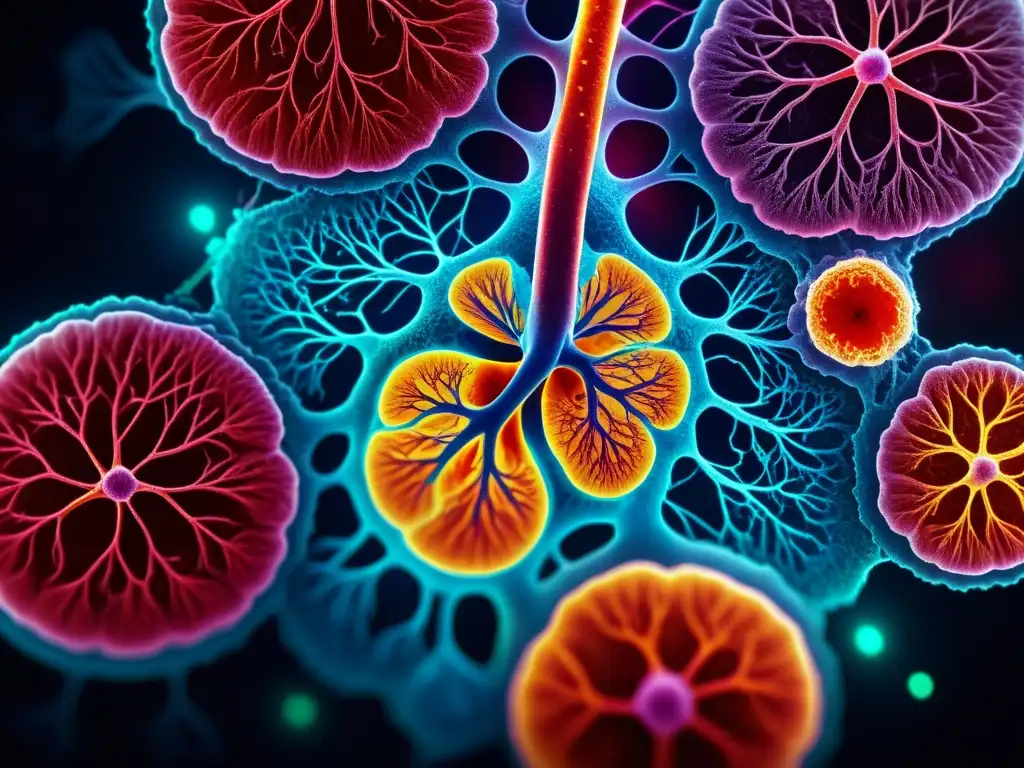 Vista microscópica de la regeneración del tejido pulmonar, mostrando la red de células y vasos sanguíneos en vibrantes colores