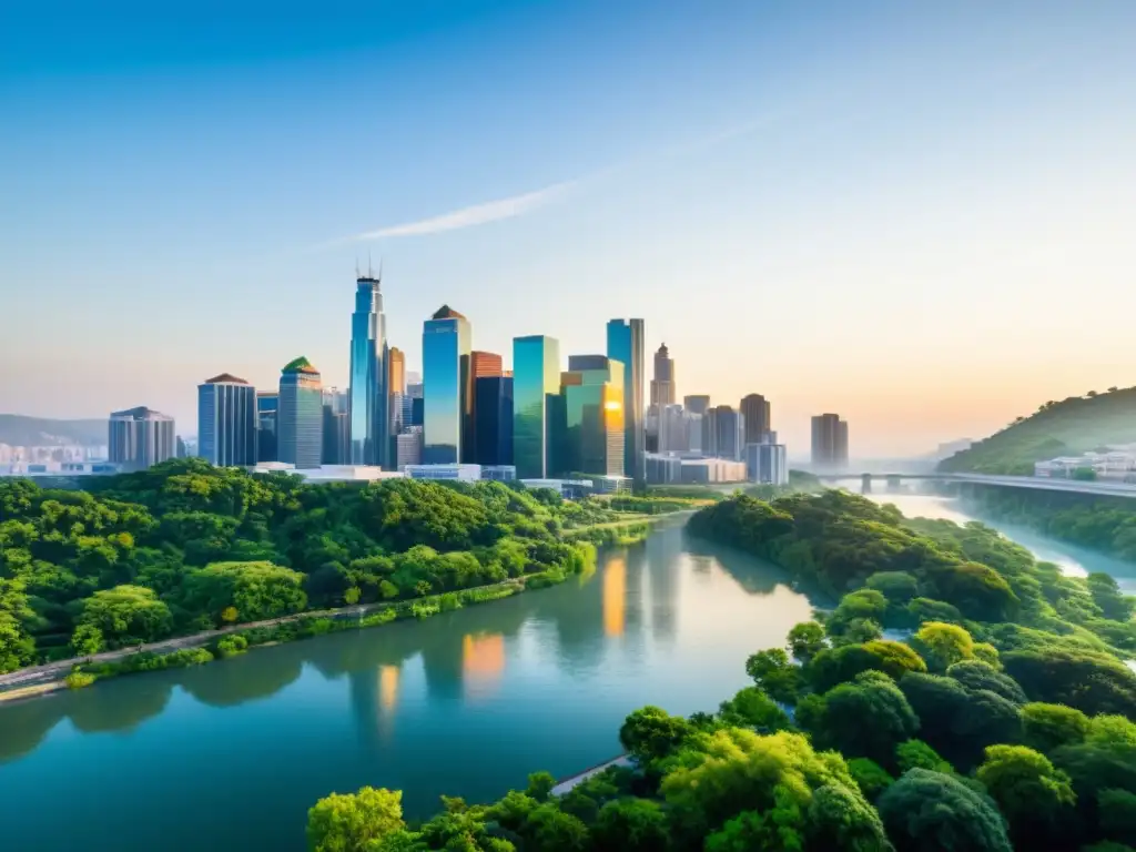 Vista pacífica de la ciudad al amanecer, con árboles verdes y cielos despejados