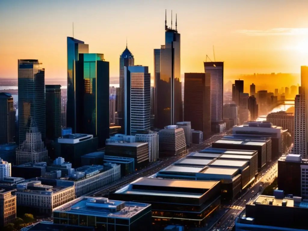 Vista panorámica de una ciudad bulliciosa al amanecer, con la luz del sol iluminando los rascacielos modernos