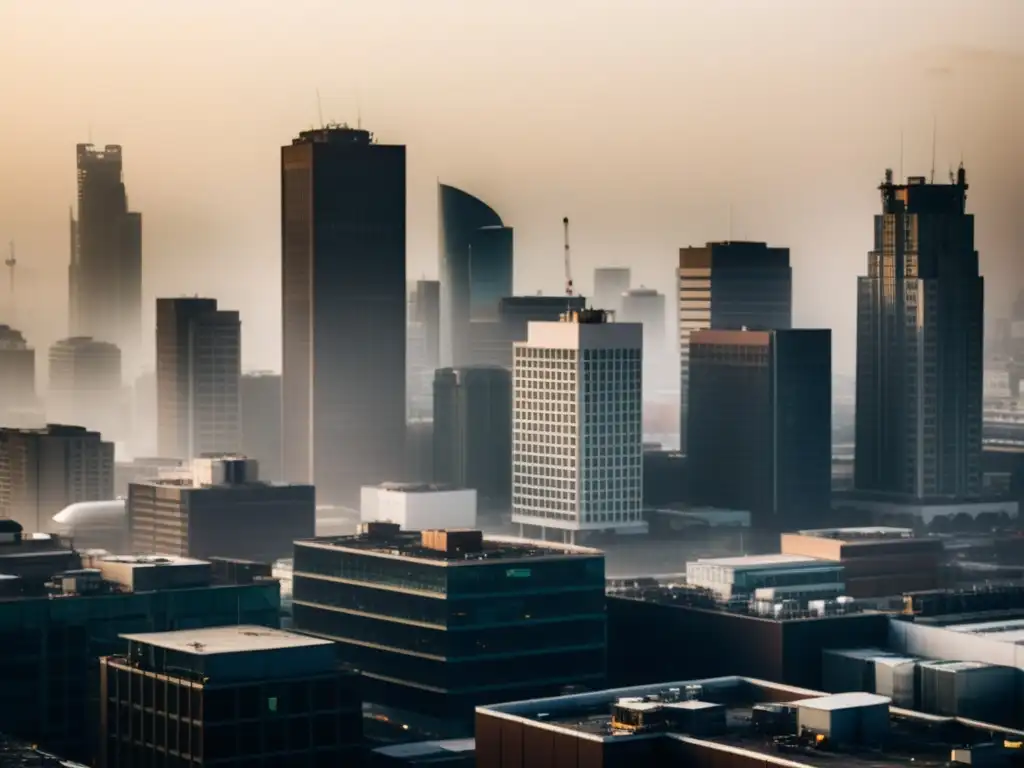 Vista panorámica de una ciudad con edificios rodeados de smog