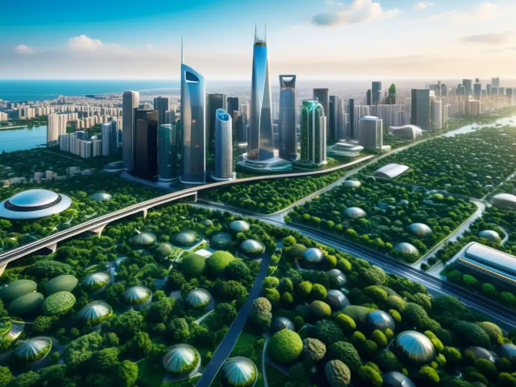 Vista panorámica de una ciudad moderna con rascacielos, calles transitadas, vegetación exuberante y tecnología urbana integrada