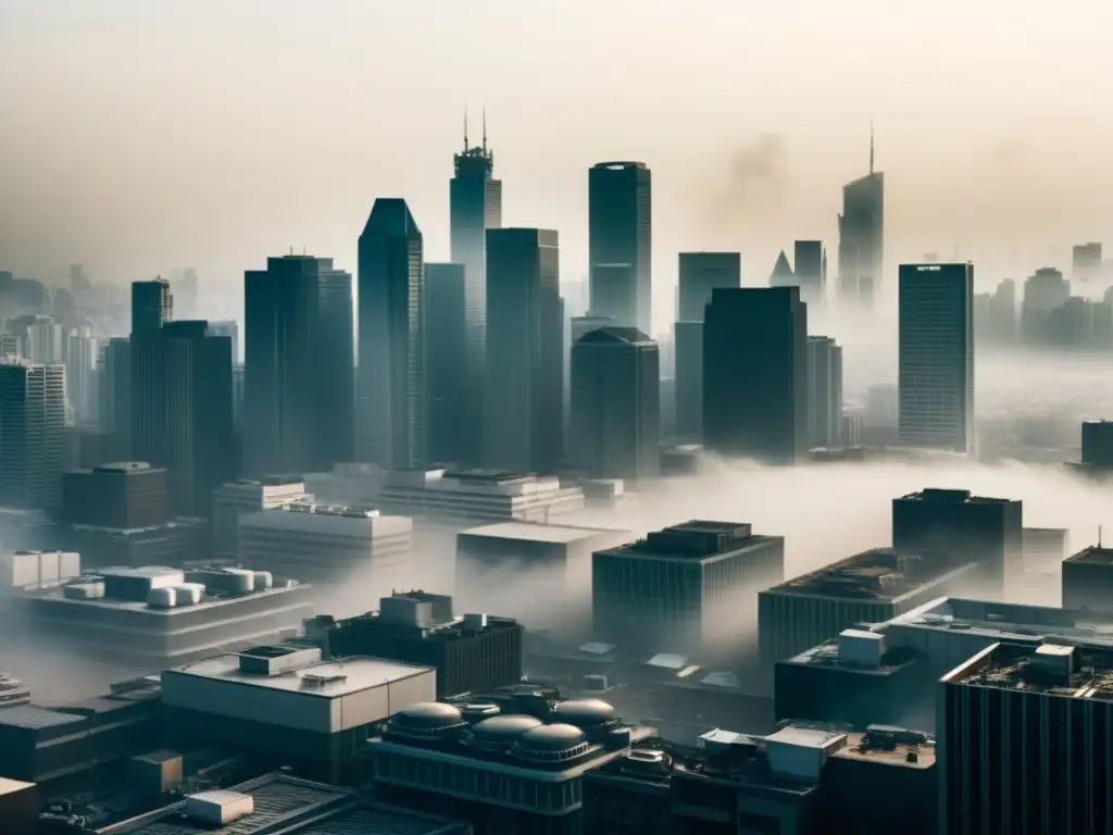 Vista panorámica de una ciudad moderna envuelta en smog, con edificios altos y personas usando máscaras, evocando la necesidad de estrategias avanzadas para proteger la función respiratoria