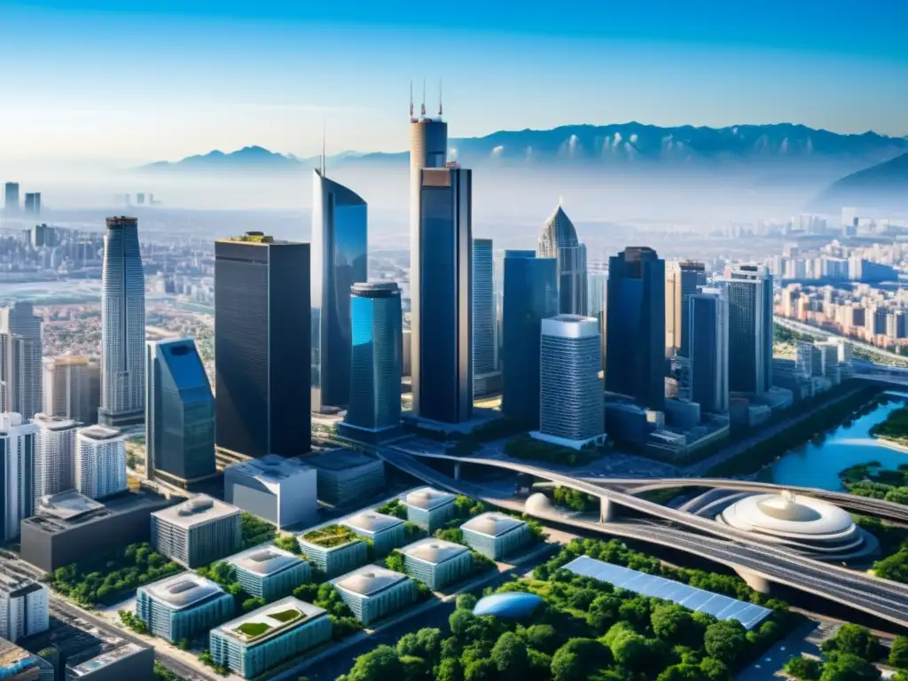 Vista panorámica de una ciudad moderna con rascacielos y cielos azules, destacando la necesidad de ventilación y filtración para aire limpio en entornos urbanos