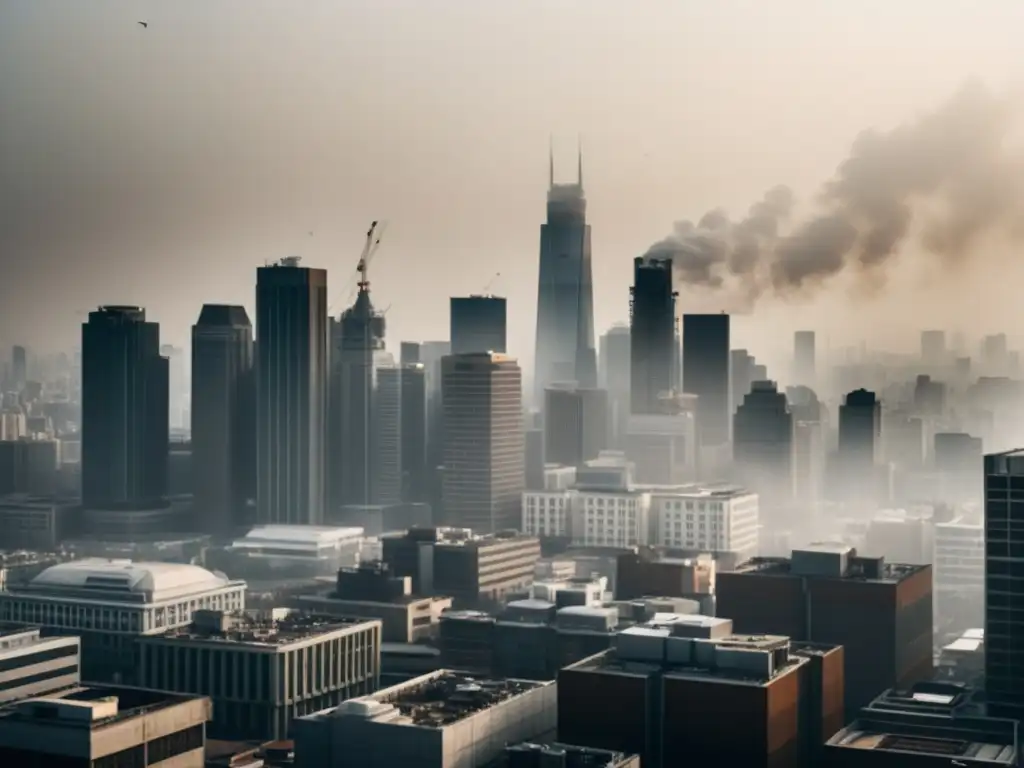 Vista panorámica de la ciudad con smog, mostrando efectos en la calidad del aire y la salud pulmonar