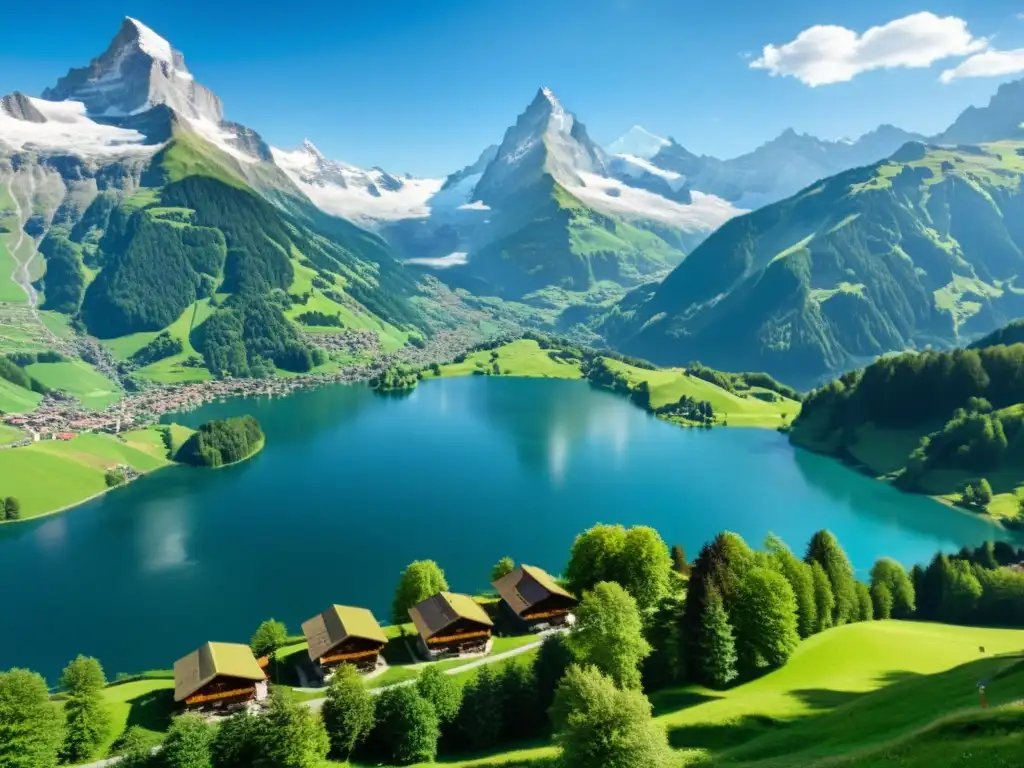 Vista panorámica de los Alpes suizos con picos nevados, valles verdes y cielo azul