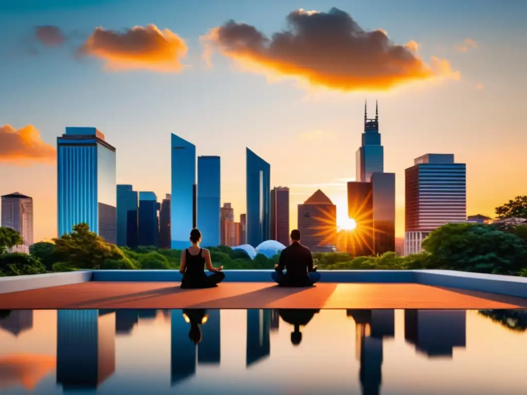 Vista serena de la ciudad moderna al atardecer, con rascacielos de vidrio reflejando los cálidos colores del cielo