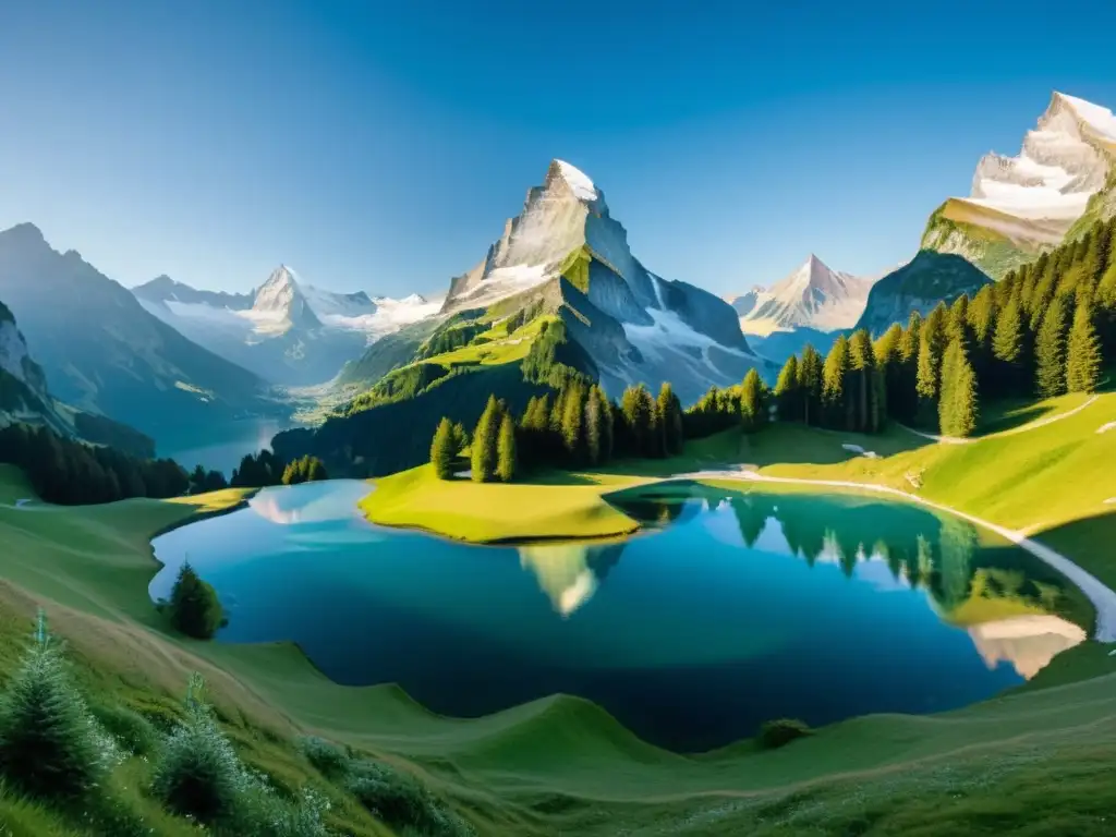 Vista serena de las majestuosas montañas nevadas de Suiza, reflejadas en un lago alpino cristalino