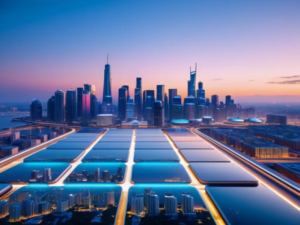 Vista urbana al atardecer con estaciones de monitoreo de calidad del aire urbano integradas en el paisaje, transmitiendo innovación y progreso