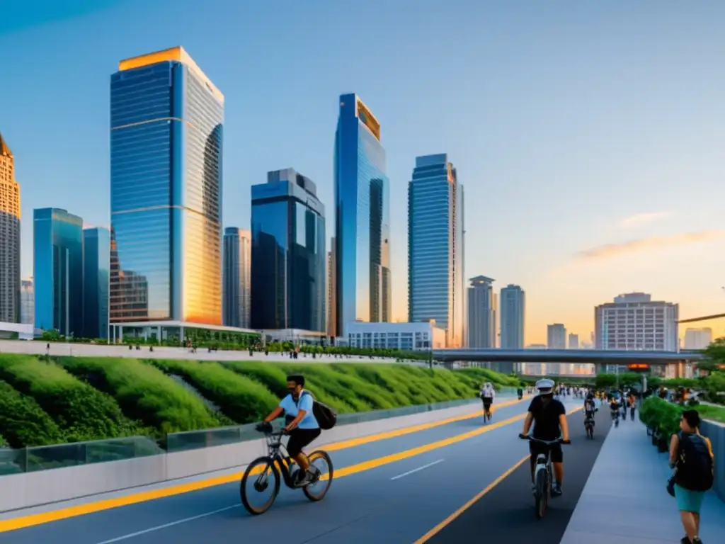 Vista urbana al atardecer con ventilación y filtración para aire limpio en modernos edificios altos