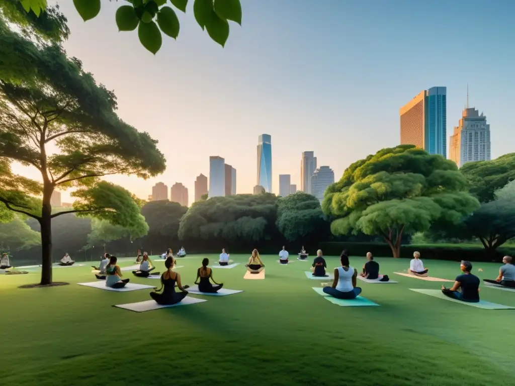 Vista urbana serena al atardecer con prácticas de yoga en un parque, ideal para técnicas de respiración consciente y reducir estrés ambiental